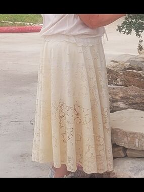 Vintage Cream Lace Circle Tablecloth Up Cycled  Into Circular Skirt